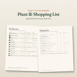 May include: A two-page printed guide titled Take It To The Nursery Plant & Shopping List, featuring tables with plant names, quantities for various bed sizes, heights, spacing, and bloom times, with small illustrations of each plant listed.