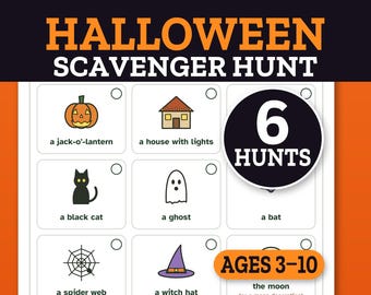 Halloween-skattjakt för barn - Utskrivbart bingospel, bus eller godis-aktivitet, pumpafältsfestkul