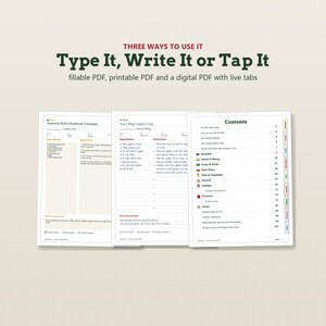 May include: A digital recipe binder template featuring three pages: two recipe cards for Grandma Ruth's Buttermilk Pancakes and Aunt May's Apple Crisp, and a contents page with tabs. Text reads: THREE WAYS TO USE IT Type It, Write It or Tap It.