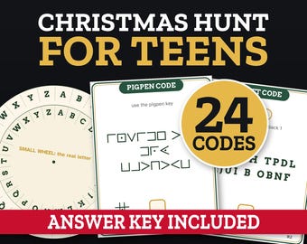 Weihnachtliche Schnitzeljagd für Teenager, ältere Kinder und Erwachsene, ausdruckbare Geheimcode-Hinweiskarten