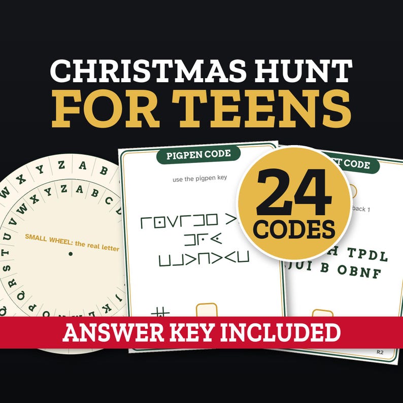 Julskattjakt för tonåringar och vuxna - Utskrivbara krypteringsledtrådskort, Escape Room-spel för tonåringar, familjefestaktivitet bild 1
