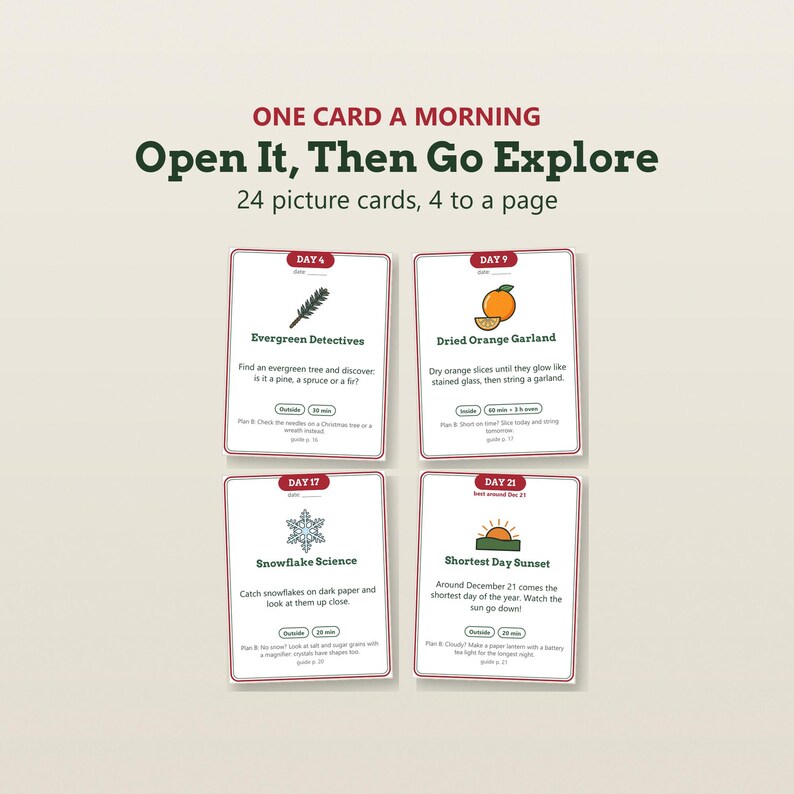 May include: Four rectangular activity cards titled One Card a Morning, Open It, Then Go Explore, 24 picture cards, 4 to a page. Each card features a day number, a graphic icon, a title, instructions, and time estimates for activities.