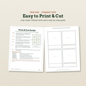 May include: A two-page instructional guide titled Easy to Print & Cut, featuring a Print & Cut Guide with instructions for cardstock, printing, and cutting. The second page displays four blank 3-part card templates with crop marks for DIY projects.