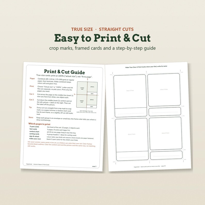 May include: A two-page instructional guide titled Easy to Print & Cut, featuring a Print & Cut Guide with instructions for cardstock, printing, and cutting. The second page displays four blank 3-part card templates with crop marks for DIY projects.