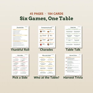 K&ouml;nnte beinhalten: Eine Sammlung von 45 Seiten und 184 Karten mit sechs Thanksgiving-Spielen: Thankful Roll, Thanksgiving Charades, Table Talk, Pick a Side, Who at the Table? und Harvest Trivia. Jedes Spielblatt zeigt spezifische Fragen und Symbole.
