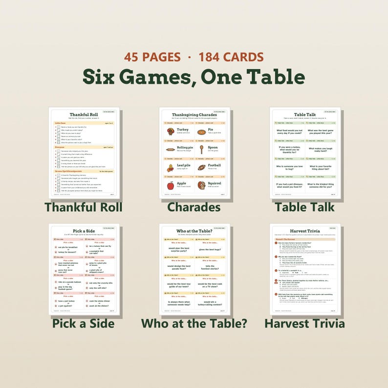 K&ouml;nnte beinhalten: Eine Sammlung von 45 Seiten und 184 Karten mit sechs Thanksgiving-Spielen: Thankful Roll, Thanksgiving Charades, Table Talk, Pick a Side, Who at the Table? und Harvest Trivia. Jedes Spielblatt zeigt spezifische Fragen und Symbole.