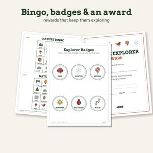 May include: A printable activity set featuring Nature Bingo cards, a sheet of Explorer Badges with seasonal and nature icons, and an Explorer Award certificate. The pages include text such as Bingo, badges & an award, Nature Bingo, and Explorer Badges.