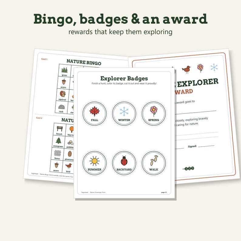 May include: A printable activity set featuring Nature Bingo cards, a sheet of Explorer Badges with seasonal and nature icons, and an Explorer Award certificate. The pages include text such as Bingo, badges & an award, Nature Bingo, and Explorer Badges.