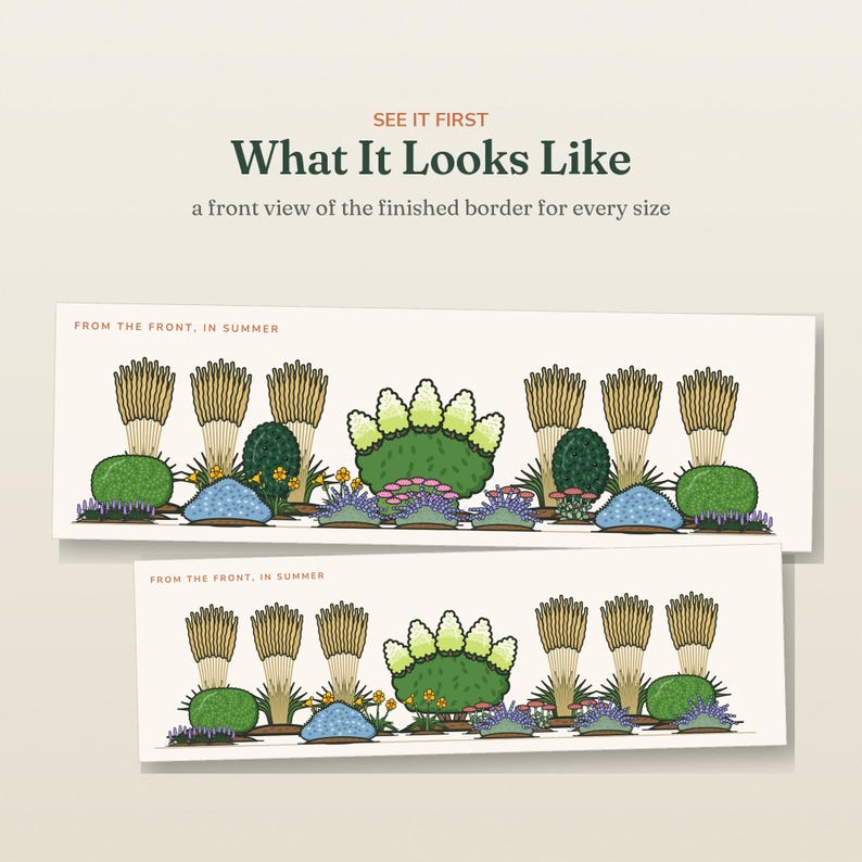 May include: A graphic illustration titled SEE IT FIRST What It Looks Like, showing a front view of a finished garden border for every size. Two rectangular panels display stylized tan grasses, green shrubs, and blue and yellow flowers in summer.