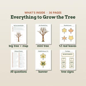 Puede incluir: Un set de actividades imprimible de 36 p&aacute;ginas titulado Everything to Grow the Tree. Incluye seis p&aacute;ginas con un mapa de montaje de &aacute;rbol, una ilustraci&oacute;n de mini &aacute;rbol, 12 hojas, 30 preguntas, una pancarta con T y H, y letreros de &aacute;rbol.