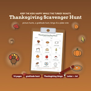 May include: A Thanksgiving Scavenger Hunt activity sheet on a clipboard with a red pencil. The sheet features a grid of twelve icons including a turkey, pie, dinner plate, table, bread roll, corn, pumpkin, apple, cranberry sauce, football, TV, and clock.