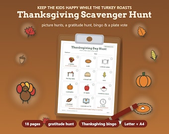 Thanksgiving Games for Kids, Thanksgiving Scavenger Hunt, Thanksgiving Bingo, Kids Table Activities, Gratitude Activity Printable