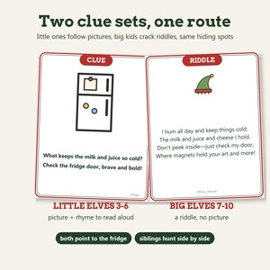 May include: Two white rectangular cards with red borders. The left card features a fridge illustration and a rhyming clue. The right card displays a green elf hat icon and a riddle. Text includes Two clue sets, one route, Little Elves 3-6, and Big Elves 7-10.