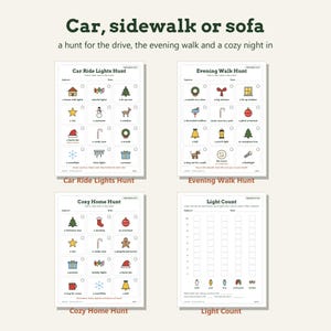 May include: Four printable activity sheets titled Car, sidewalk or sofa, featuring Car Ride Lights Hunt, Evening Walk Hunt, Cozy Home Hunt, and Light Count. Each page contains grids with colorful holiday-themed icons and text for children to find.