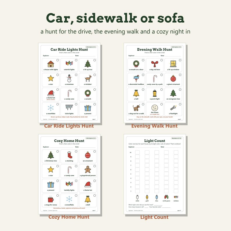 May include: Four printable activity sheets titled Car, sidewalk or sofa, featuring Car Ride Lights Hunt, Evening Walk Hunt, Cozy Home Hunt, and Light Count. Each page contains grids with colorful holiday-themed icons and text for children to find.