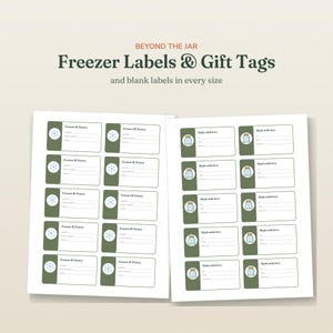 May include: Two sheets of printable labels featuring the text BEYOND THE JAR Freezer Labels & Gift Tags and blank labels in every size. The labels are rectangular with dark green side panels, white writing areas, and snowflake or jar icons.