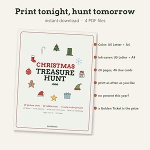 May include: A printable Christmas treasure hunt game featuring the text "CHRISTMAS TREASURE HUNT" surrounded by holiday icons like a tree, candy cane, and stocking. The document includes 20 picture clues, 20 riddle clues, and a route to the present.
