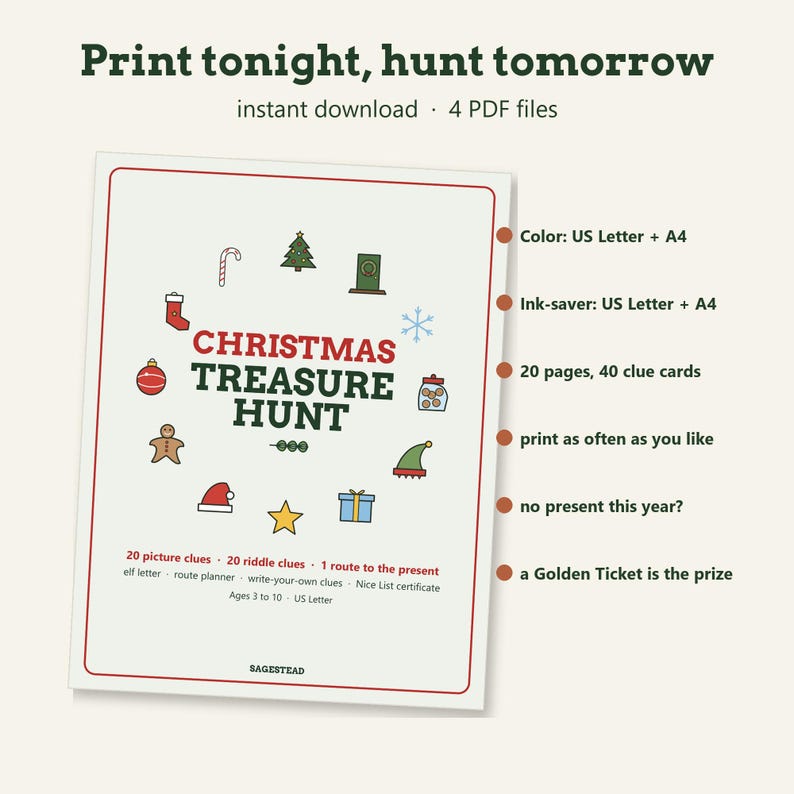 May include: A printable Christmas treasure hunt game featuring the text "CHRISTMAS TREASURE HUNT" surrounded by holiday icons like a tree, candy cane, and stocking. The document includes 20 picture clues, 20 riddle clues, and a route to the present.