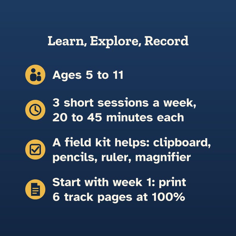 K&ouml;nnte beinhalten: Eine dunkelblaue Infografik mit wei&szlig;em Text: Learn, Explore, Record. Sie enth&auml;lt Details f&uuml;r Kinder von 5 bis 11 Jahren, 3 Sitzungen pro Woche von 20 bis 45 Minuten, ein Feldset mit Klemmbrett, Bleistiften, Lineal, Lupe und Anweisungen f&uuml;r 6 Druckseiten.