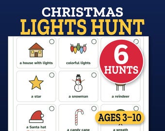 Weihnachtslichter-Schnitzeljagd und Bingo für Kinder, ausdruckbares Autofahrtspiel