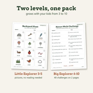 May include: Two printable scavenger hunt sheets titled Backyard Hunt and Nature Walk Challenge. The Backyard Hunt features twelve illustrated items with checkboxes. The Nature Walk Challenge lists twenty text-based items to find with checkboxes.