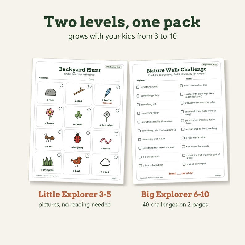 May include: Two printable scavenger hunt sheets titled Backyard Hunt and Nature Walk Challenge. The Backyard Hunt features twelve illustrated items with checkboxes. The Nature Walk Challenge lists twenty text-based items to find with checkboxes.