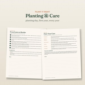 May include: Two pages of a gardening guide titled Plant It Right Planting & Care. The left page details From Lawn to Border with numbered steps and a notes section. The right page outlines First-Year Care and Years two and three with notes.