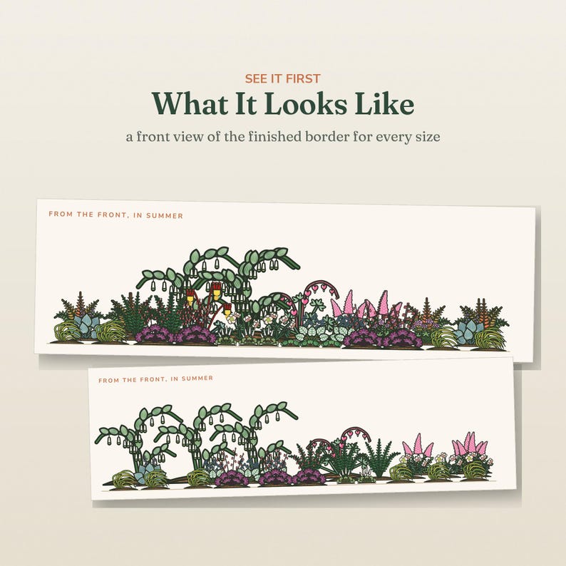 May include: A graphic illustration titled SEE IT FIRST What It Looks Like, a front view of the finished border for every size. Two rectangular panels show a garden border FROM THE FRONT, IN SUMMER with various green plants, pink flowers, and white hanging blossoms.