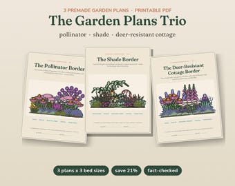 Garden Plans Bundle, 3 Premade Garden Design PDFs, Pollinator Garden, Shade Garden, Deer Resistant Cottage Garden Layout, Printable Plans
