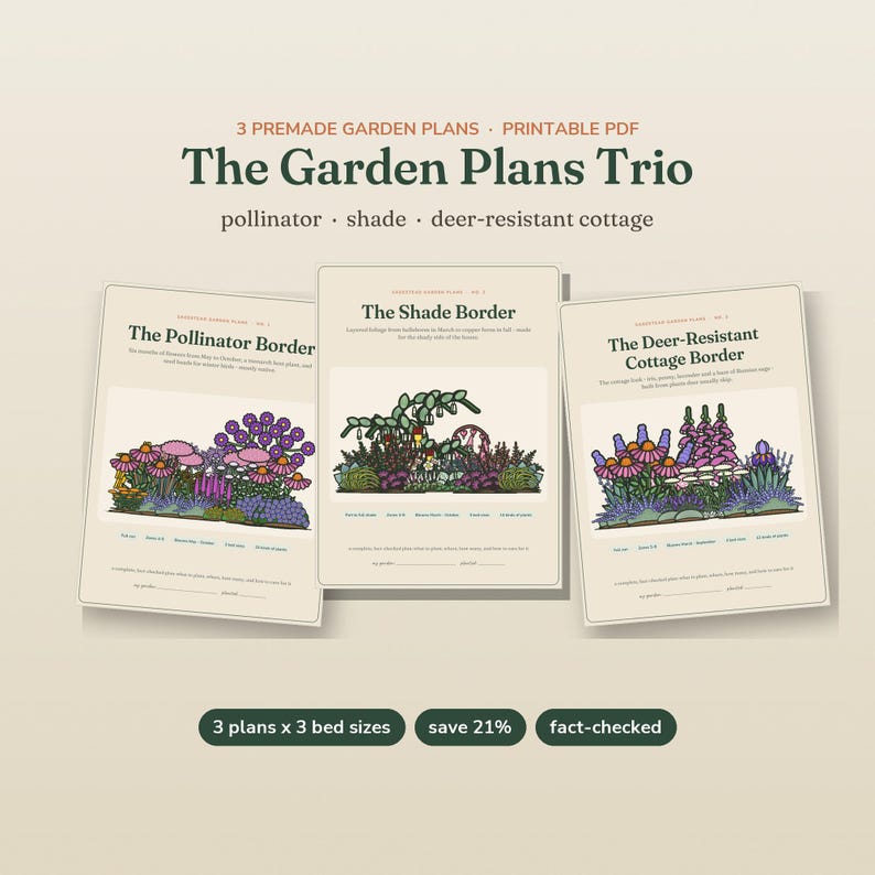 May include: A set of three printable PDF garden plans titled The Garden Plans Trio, featuring The Pollinator Border, The Shade Border, and The Deer-Resistant Cottage Border. Each document includes a colorful illustration of flowers and plants.