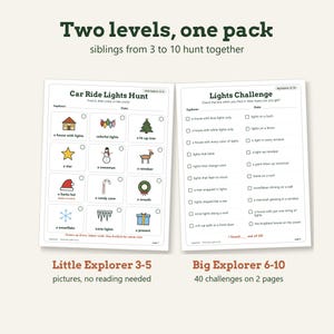 May include: Two printable activity sheets titled Car Ride Lights Hunt and Lights Challenge. The left sheet features twelve illustrated icons for younger children, while the right sheet lists twenty text-based challenges for older children to complete.