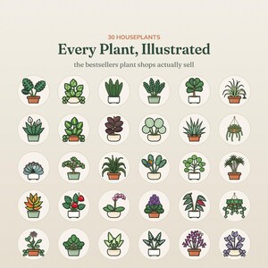 May include: A digital poster titled 30 HOUSEPLANTS Every Plant, Illustrated the bestsellers plant shops actually sell. It features a grid of thirty circular icons, each displaying a different potted houseplant in a flat, colorful graphic style.