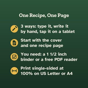 May include: A dark green informational graphic with white text titled One Recipe, One Page. It lists instructions using yellow circular icons: 3 ways to input text, starting with a cover, needing a 3.8 cm binder or PDF reader, and printing single-sided at 100% on A4.