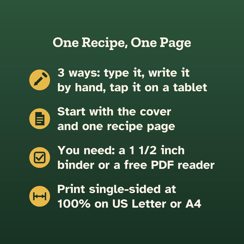 May include: A dark green informational graphic with white text titled One Recipe, One Page. It lists instructions using yellow circular icons: 3 ways to input text, starting with a cover, needing a 3.8 cm binder or PDF reader, and printing single-sided at 100% on A4.