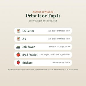 May include: Digital download titled Print It or Tap It featuring five options: US Letter 128-page printable, A4 128-page printable, Ink-Saver Letter and A4, iPad/tablet 177-page landscape hyperlinked file, and 78 transparent PNG stickers.