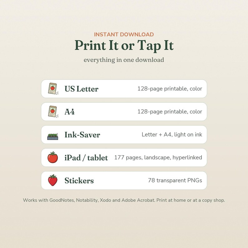 May include: Digital download titled Print It or Tap It featuring five options: US Letter 128-page printable, A4 128-page printable, Ink-Saver Letter and A4, iPad/tablet 177-page landscape hyperlinked file, and 78 transparent PNG stickers.