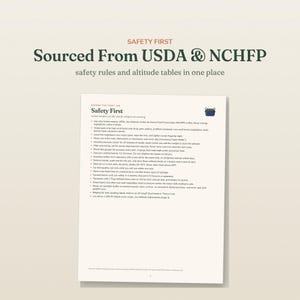 May include: A white informational document titled Safety First, Sourced From USDA & NCHFP, featuring a list of canning safety rules and altitude tables. The text includes instructions on tested recipes, water bath methods, and pressure canning guidelines.