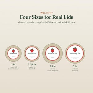 May include: A size guide graphic titled WILL IT FIT? Four Sizes for Real Lids, showing four circular labels with strawberry illustrations and the text Strawberry Jam. Measurements are 2 in, 2 3/8 in, 2.5 in, and 3 in, with regular lid 70 mm and wide lid 86 mm.