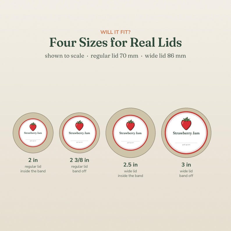 May include: A size guide graphic titled WILL IT FIT? Four Sizes for Real Lids, showing four circular labels with strawberry illustrations and the text Strawberry Jam. Measurements are 2 in, 2 3/8 in, 2.5 in, and 3 in, with regular lid 70 mm and wide lid 86 mm.
