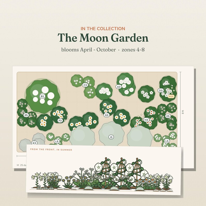 May include: A garden design plan titled The Moon Garden, blooms April-October, zones 4-8. It features a top-down layout with green plant icons labeled with letters and numbers, and a front-view illustration showing white flowers on trellises.