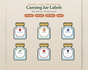 Canning Jar Labels Printable, 36 Mason Jar Lid Labels, Regular & Wide Mouth, Jam Labels, Canning Gift Tags, Freezer Labels, Letter A4