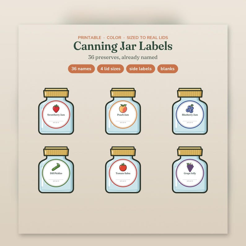 May include: A set of printable canning jar labels featuring 36 names, 4 lid sizes, side labels, and blanks. The graphic displays six illustrated jars with yellow lids and circular labels for Strawberry Jam, Peach Jam, Blueberry Jam, Dill Pickles, Tomato Salsa, and Grape Jelly.