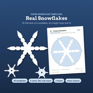 May include: Paper snowflake templates titled Real Snowflakes with 30 fold-and-cut designs. Includes a page showing a Classic Dendrite pattern with instructions for straight snips and Vs. Features 6-armed snowflake illustrations and labels for 30 templates, 6 arms, 3 levels, and snow science.