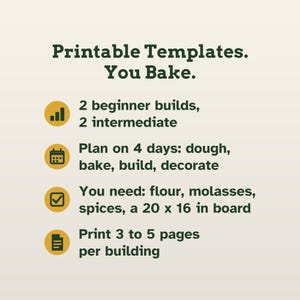 May include: Printable templates for baking with dark green text on a light background. The text reads: Printable Templates. You Bake. 2 beginner builds, 2 intermediate. Plan on 4 days: dough, bake, build, decorate. You need: flour, molasses, spices, a 20 x 16 in board. Print 3 to 5 pages per building.