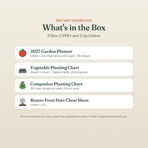 May include: Digital download containing 5 files: 2 PDFs and 3 zip folders. Includes a 2027 Garden Planner, Vegetable Planting Chart, Companion Planting Chart, and a Bonus: Frost Date Cheat Sheet. Text indicates compatibility with Google Sheets and Excel.