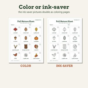May include: Two printable Fall Nature Hunt activity sheets. One sheet features full-color illustrations of nature items like leaves, an acorn, and a squirrel. The second sheet displays the same items in black and white line art for coloring.