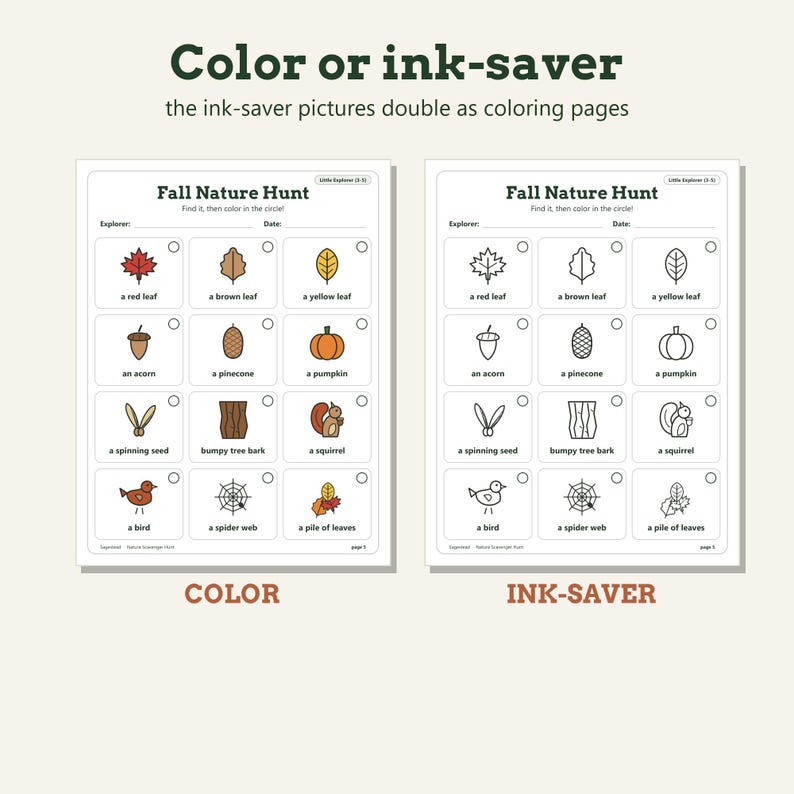 May include: Two printable Fall Nature Hunt activity sheets. One sheet features full-color illustrations of nature items like leaves, an acorn, and a squirrel. The second sheet displays the same items in black and white line art for coloring.