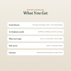 May include: A digital product information graphic titled What You Get. It lists five items: Card sheets with 30 cards, 4 per page, Letter and A4, 2 back designs; 4 x 6 photo cards with 30 PNGs at 300 dpi; Mini care tags at 3.5 x 2 in; Ink-saver; and License.