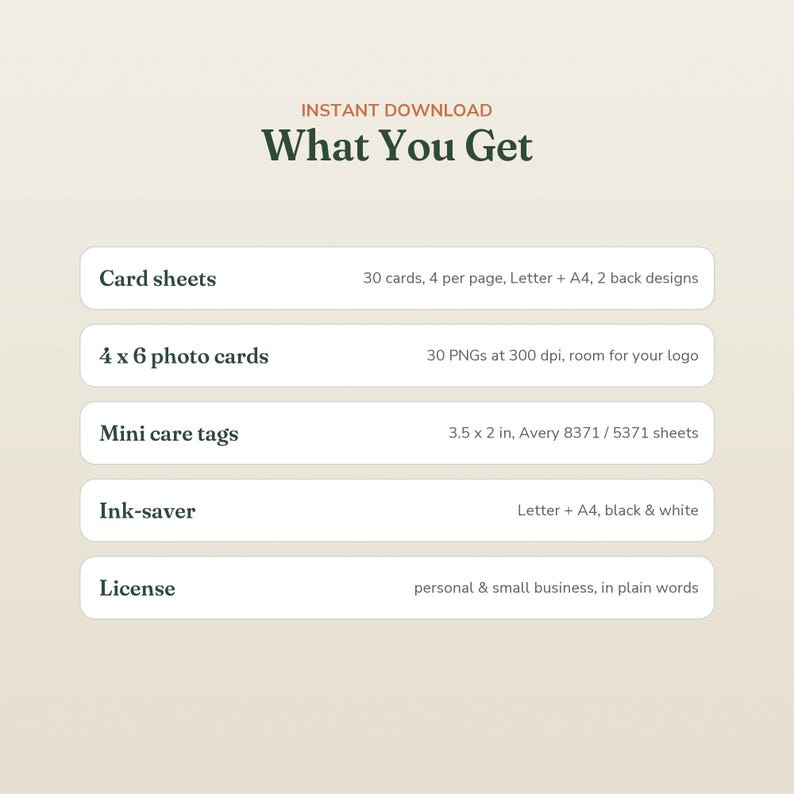 May include: A digital product information graphic titled What You Get. It lists five items: Card sheets with 30 cards, 4 per page, Letter and A4, 2 back designs; 4 x 6 photo cards with 30 PNGs at 300 dpi; Mini care tags at 3.5 x 2 in; Ink-saver; and License.