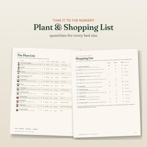 May include: A two-page printed guide titled Take It To The Nursery Plant & Shopping List. The document features tables with plant names, quantities for different bed sizes, heights, spacing, and bloom times, printed in dark green and black text.
